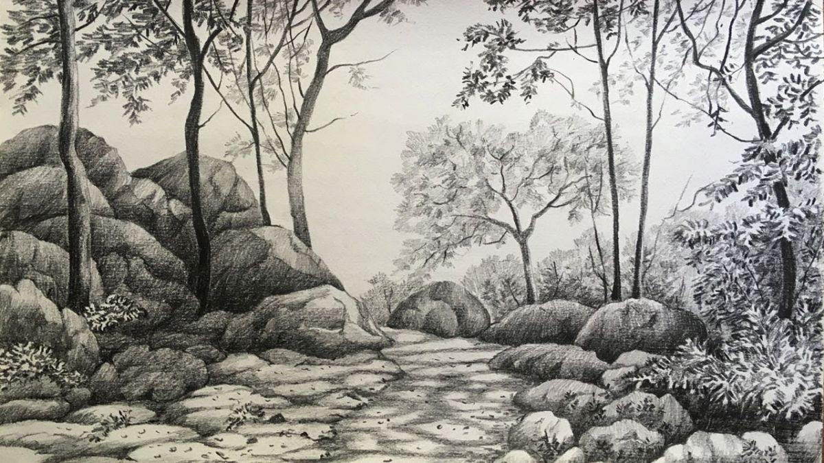 Đường mòn rừng đá, tranh đen trắng, kích thước 1080x1920, chất lượng HD, phong cảnh thiên nhiên yên bình.