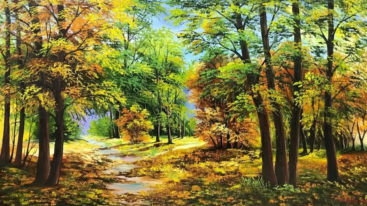 Tranh phong cảnh rừng mùa thu, màu sắc ấm áp, độ phân giải 1080x1920, chất lượng HD, nền thiên nhiên yên bình.
