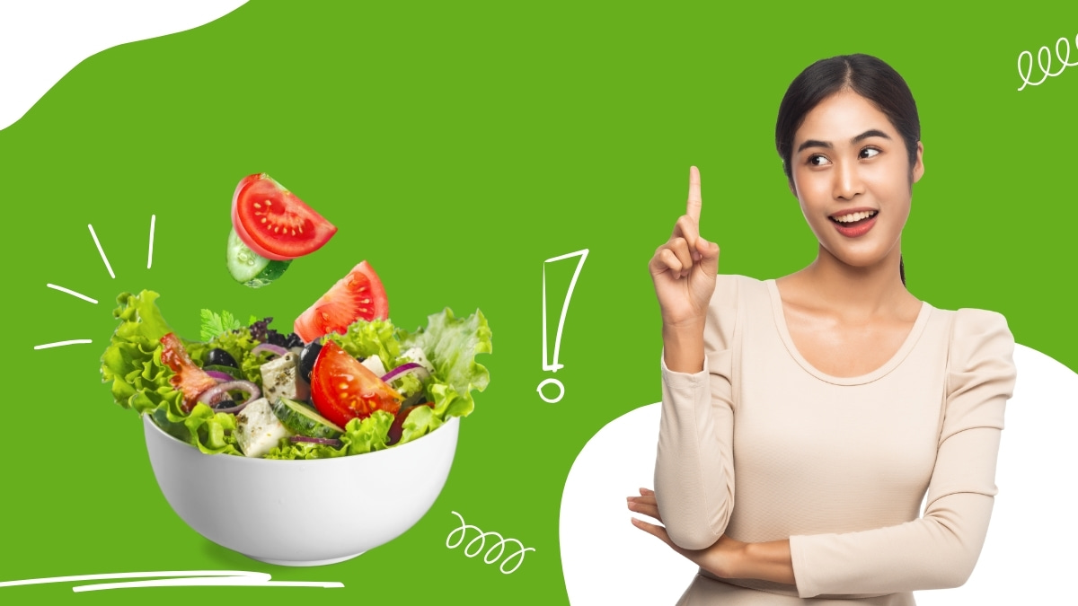Nền xanh với bát salad tươi ngon và người phụ nữ chỉ tay, 1080x1920, HD, chủ đề sức khỏe, dinh dưỡng, thực phẩm.
