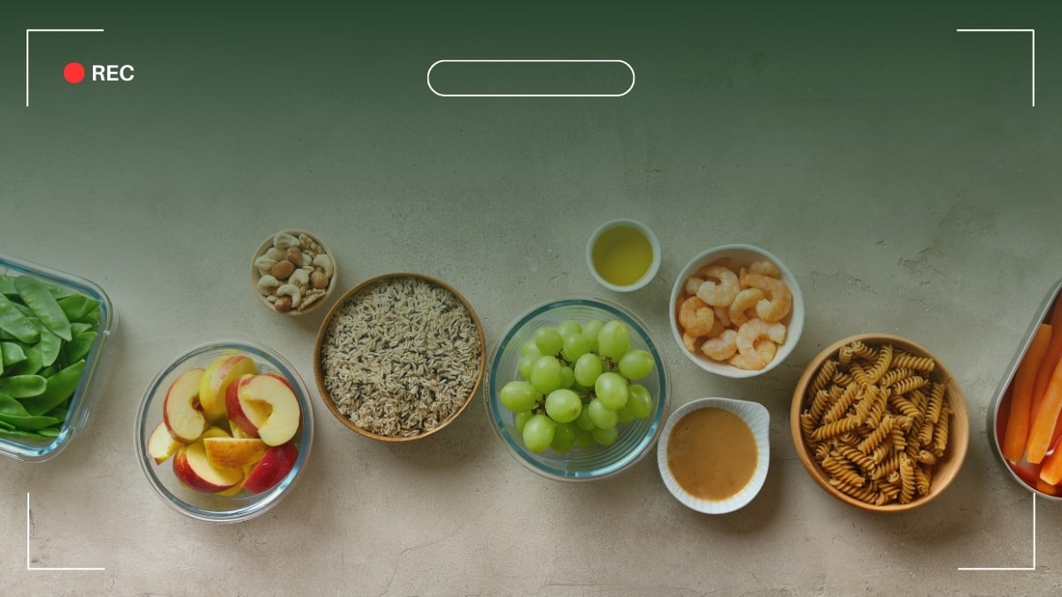 Healthy food flat lay with fruits, veggies, nuts, and pasta. Resolution: 675x1200, HD. Keywords: nutrition, ingredients.