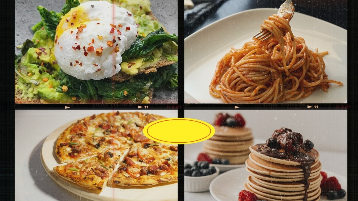 Hình nền món ăn đa dạng, gồm bánh mì bơ trứng, mì Ý, pizza, pancake. Độ phân giải 1080x1920, chất lượng HD.