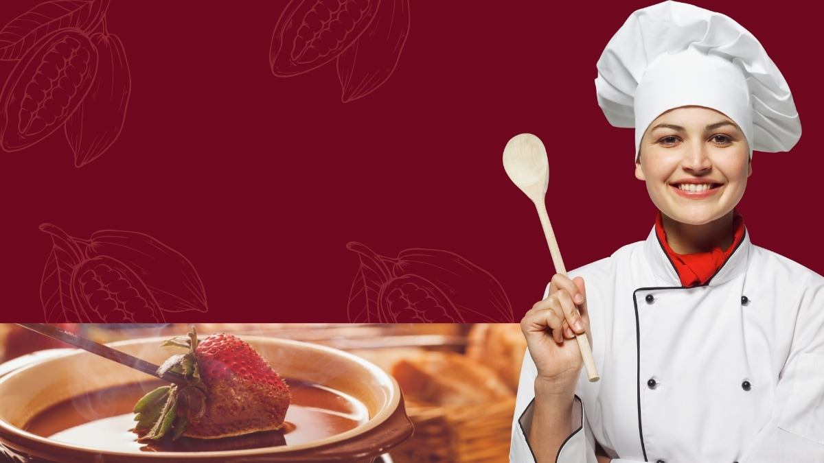 Đầu bếp cầm thìa gỗ bên cạnh dâu tây nhúng chocolate, nền ẩm thực; 1080x1920, HD, từ khóa: đầu bếp, chocolate, ẩm thực.