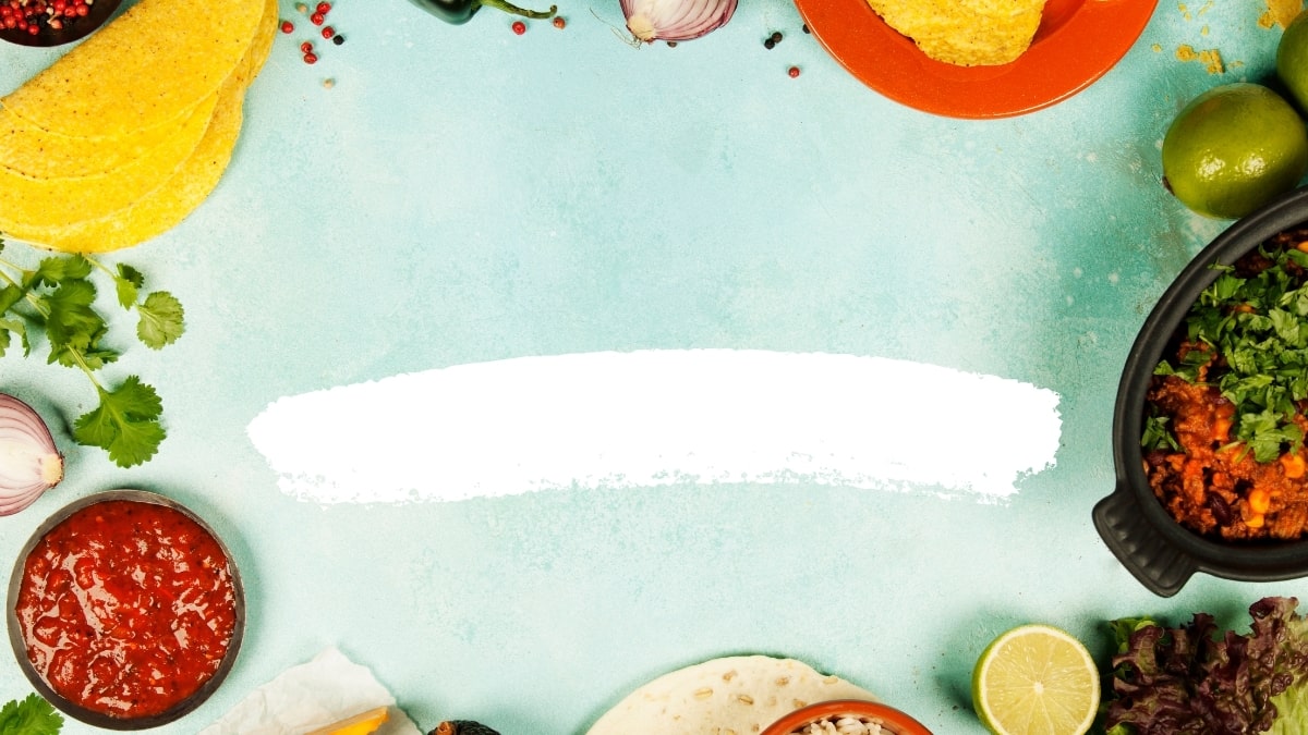 Nền thức ăn Mexico, taco, salsa, rau thơm trên nền xanh, độ phân giải 675x1200, chất lượng HD, ẩm thực.