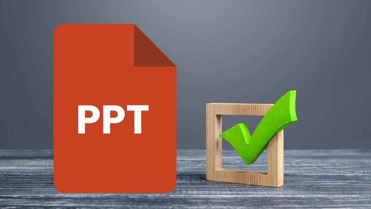 Biểu tượng tệp PPT và dấu kiểm xanh, nền gỗ, độ phân giải 1080x1920, hình ảnh HD, chủ đề thuyết trình chuyên nghiệp.