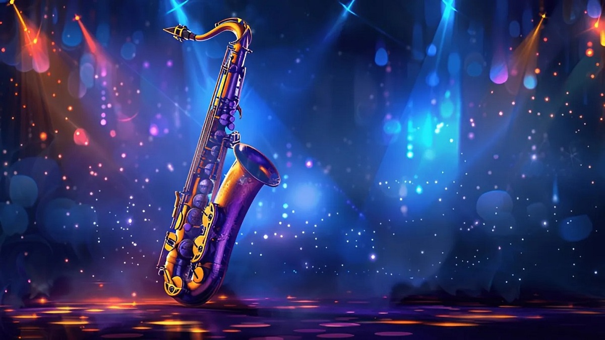 Hình nền saxophone với ánh sáng sân khấu, độ phân giải 1080x1920, chất lượng HD, từ khóa: âm nhạc, nghệ thuật, nhạc cụ.