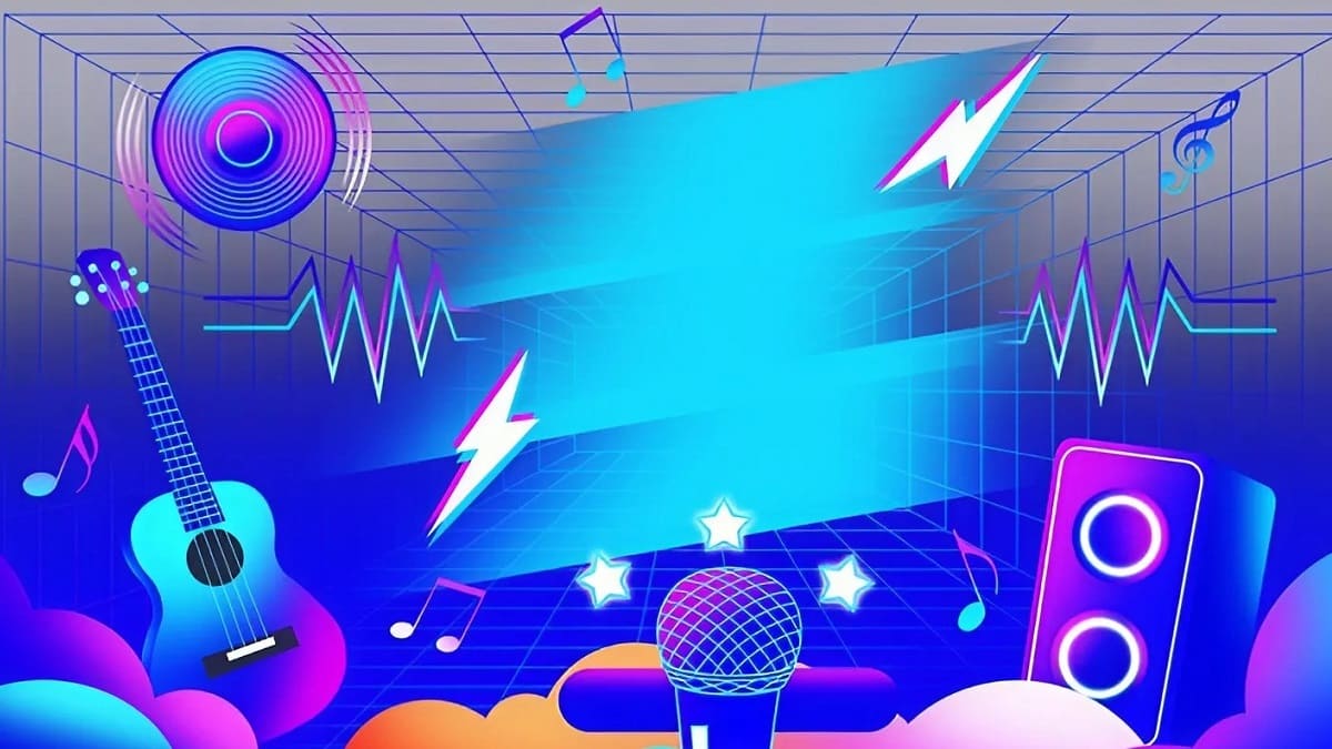 Hình nền chủ đề âm nhạc, đồ họa 3D, chất lượng HD, 1080x1920, với đàn guitar và loa neon.