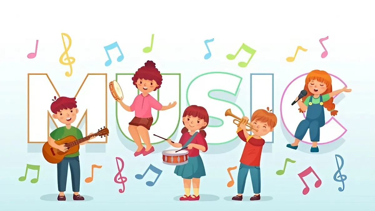 Hình nền trẻ em chơi nhạc cụ, chữ "MUSIC", độ phân giải 1080x1920, chất lượng HD, chủ đề âm nhạc trẻ em.