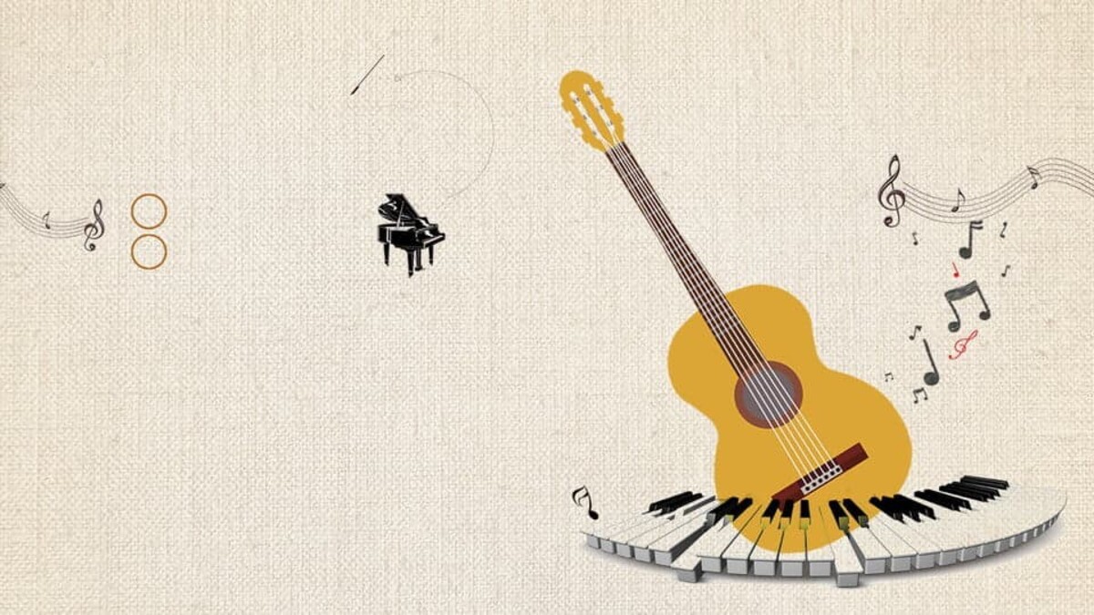 Hình nền chủ đề âm nhạc với đàn guitar và piano, độ phân giải 1080x1920, chất lượng HD, phong cách nghệ thuật.