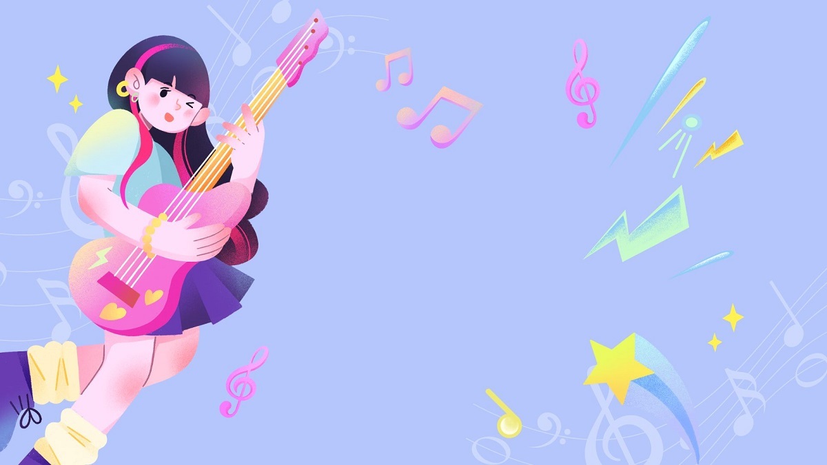 Hình nền hoạt hình cô gái chơi guitar, nhạc nền, 1080x1920, HD, tông màu pastel, chủ đề âm nhạc, nghệ thuật số.