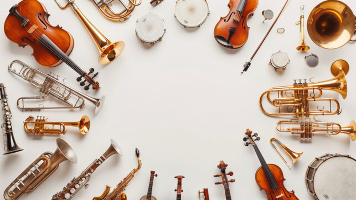 Nền nhạc cụ, độ phân giải 675x1200, chất lượng HD, bao gồm violin, kèn trumpet, trống, nhạc cụ cổ điển.