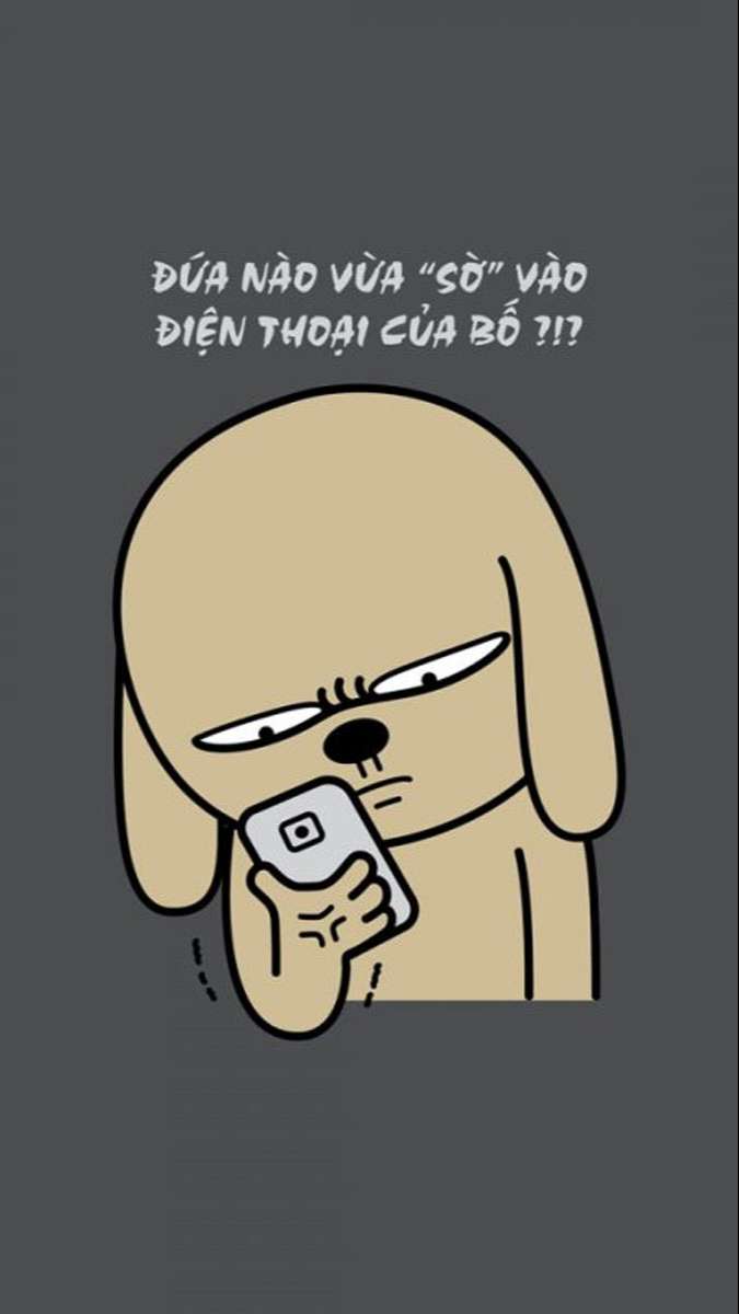 Hình nền hoạt hình chó cầm điện thoại, biểu cảm nghi ngờ, độ phân giải 1080x1920, chất lượng HD, hình nền vui nhộn.