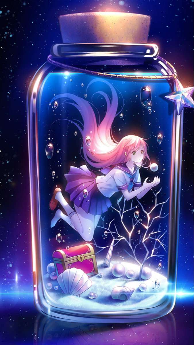 Hình nền anime trong chai thủy tinh, cô gái lơ lửng, 1080x1920, chất lượng HD, phong cách huyền ảo, màu sắc rực rỡ.