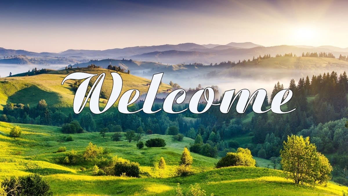 hinh-nen-slide-mo-dau-powerpoint-73 Phong cảnh thiên nhiên với đồi núi xanh mướt dưới ánh bình minh, chữ "Welcome", độ phân giải 1080x1920 HD.