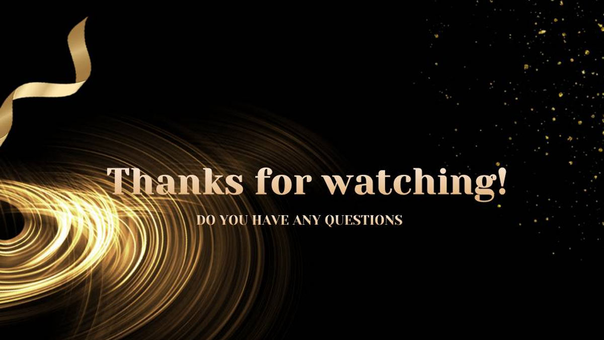Golden swirl "Thanks for Watching" graphic on black background, HD quality, 1080x1920, elegant design for presentations.
