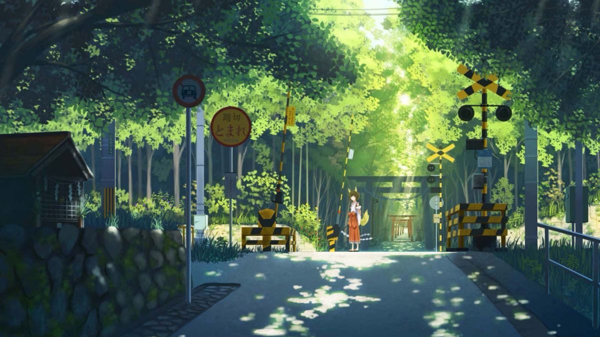Hình nền anime giao lộ rừng xanh, ánh sáng xuyên tán cây, HD 1080x1920, phong cảnh thiên nhiên tươi mát.