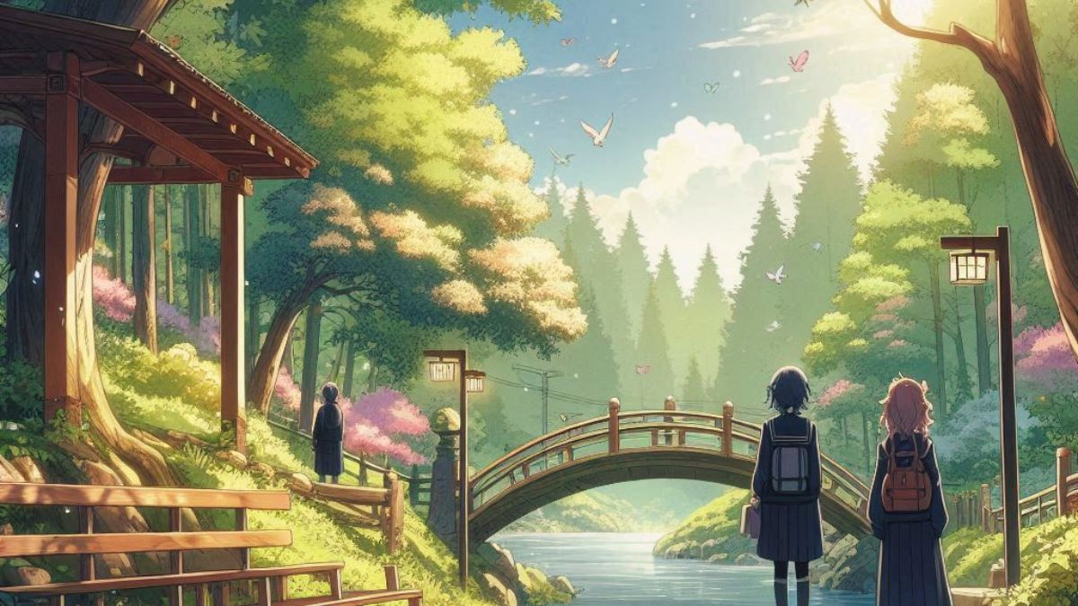 Hình nền anime thiên nhiên tươi đẹp với cầu gỗ, cây xanh, chất lượng HD, kích thước 675x1200, phong cảnh yên bình.