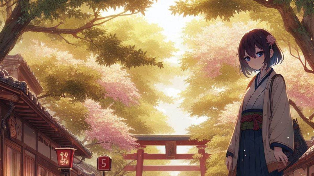 Hình nền anime cô gái dưới tán cây anh đào trong khung cảnh cổ kính, 1080x1920, chất lượng HD, phong cảnh yên bình.