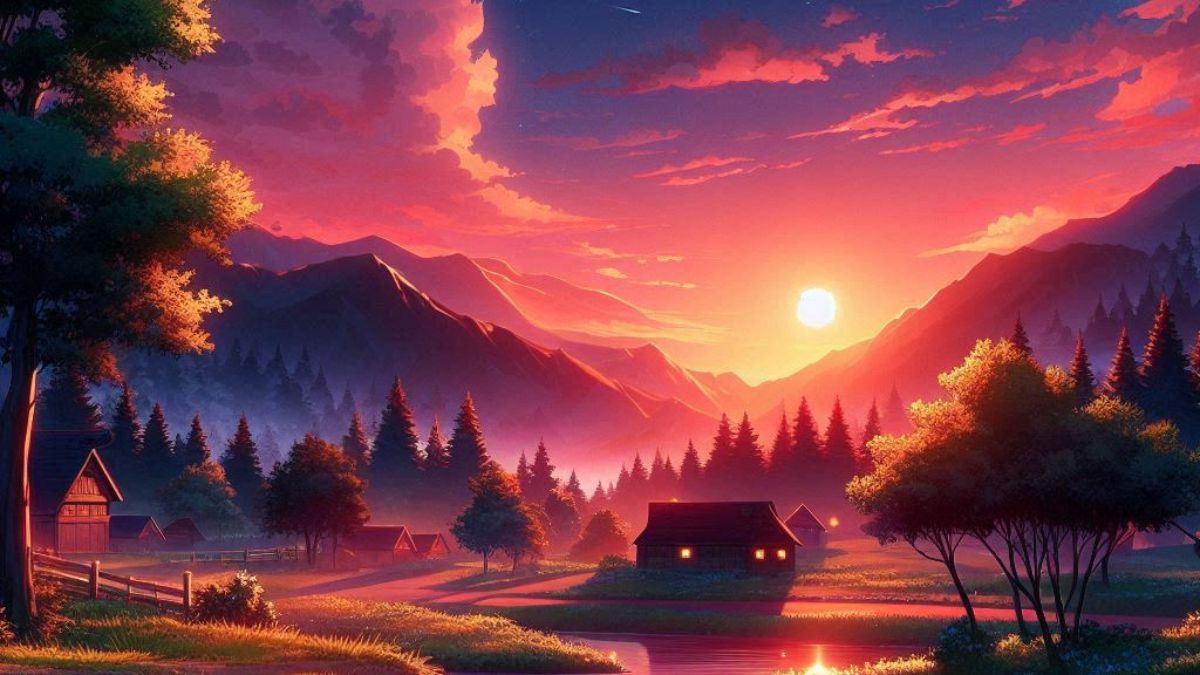 Hoàng hôn trên núi, làng quê yên bình, chất lượng HD, độ phân giải 1080x1920, phong cảnh thiên nhiên tuyệt đẹp.