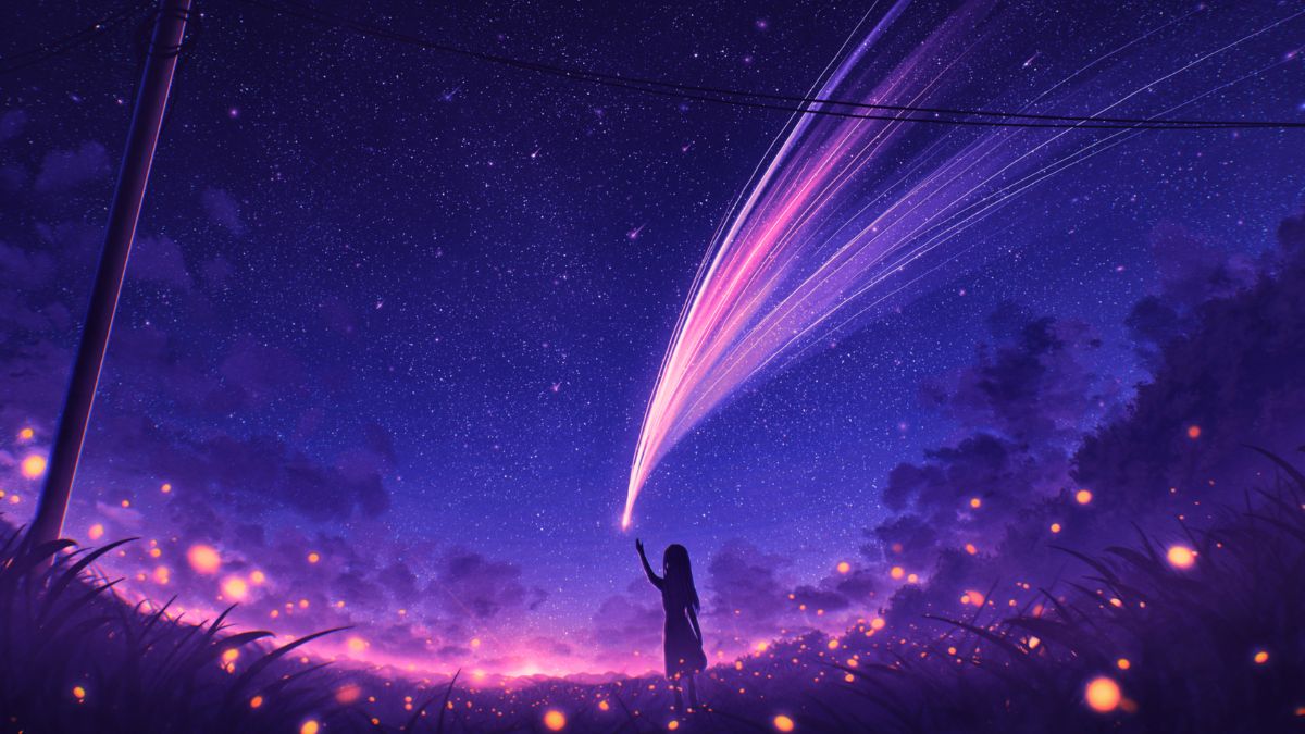 Hình nền anime cô gái ngắm sao băng trong đêm, độ phân giải 1080x1920, chất lượng HD, phong cảnh huyền ảo.