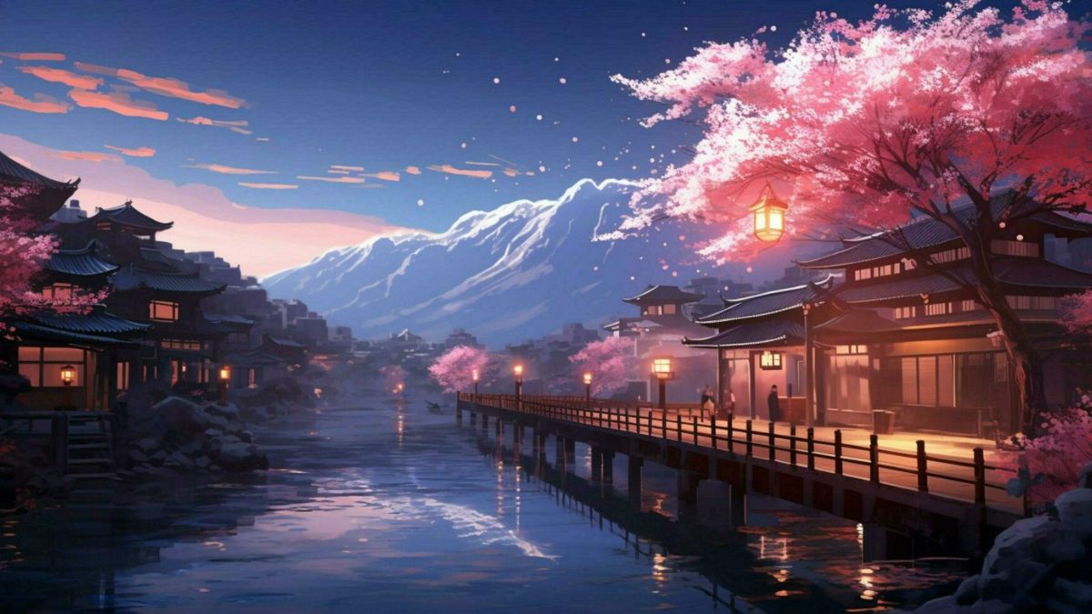 Ảnh nền phong cảnh Nhật Bản, hoa anh đào nở bên dòng sông, núi tuyết xa xa. Độ phân giải 1080x1920, chất lượng HD.