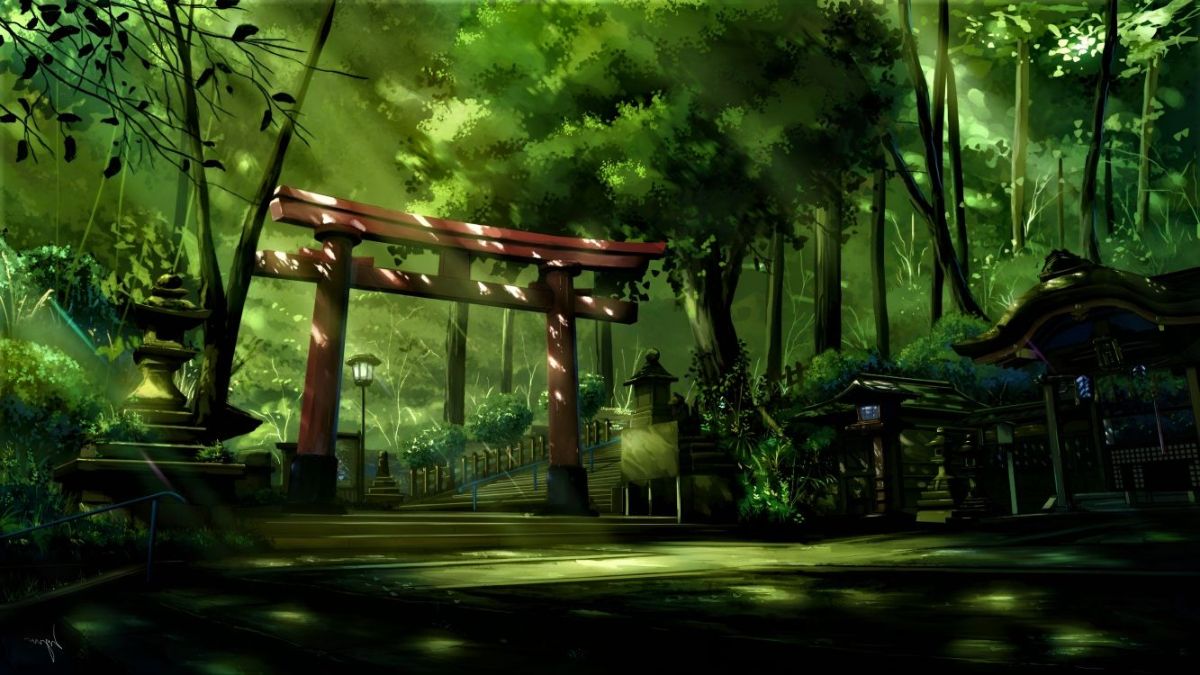 Cổng torii trong rừng xanh tươi, ánh sáng xuyên qua cây, hình nền HD 1080x1920, thiên nhiên yên bình.