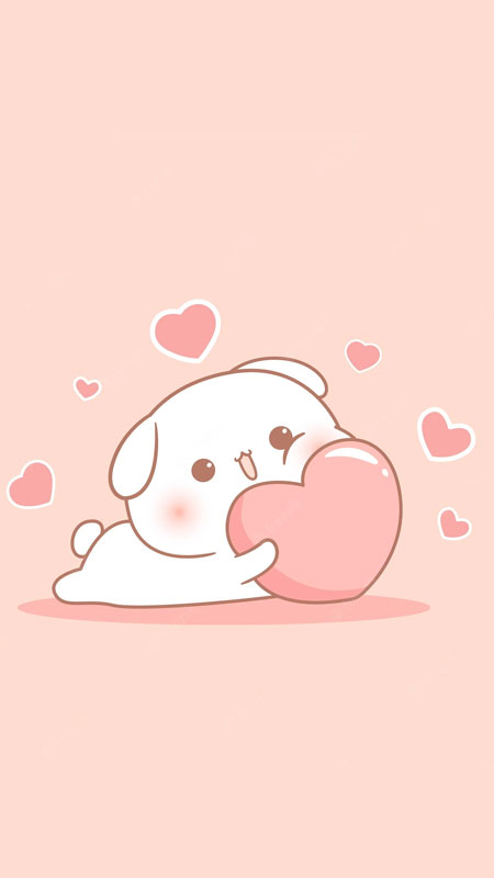 Hình nền dễ thương với chú cún ôm trái tim, tông màu hồng, chất lượng HD, độ phân giải 1080x1920.