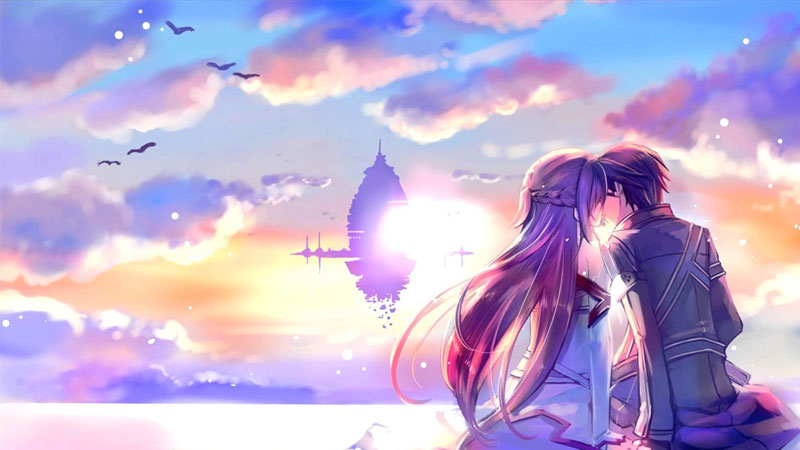 Cảnh đôi tình nhân anime ngắm hoàng hôn trên biển, chất lượng HD, độ phân giải 1080x1920, lãng mạn và yên bình.