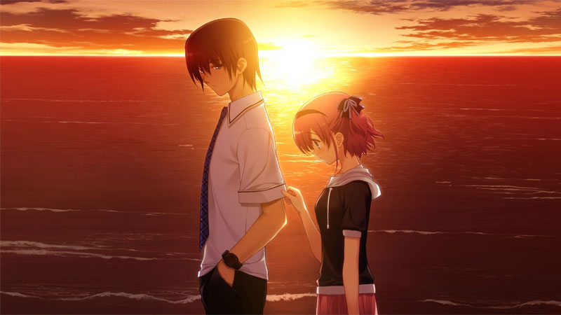 Hình nền anime hoàng hôn trên biển, hai nhân vật nhìn xa xăm, độ phân giải 1080x1920, chất lượng HD.