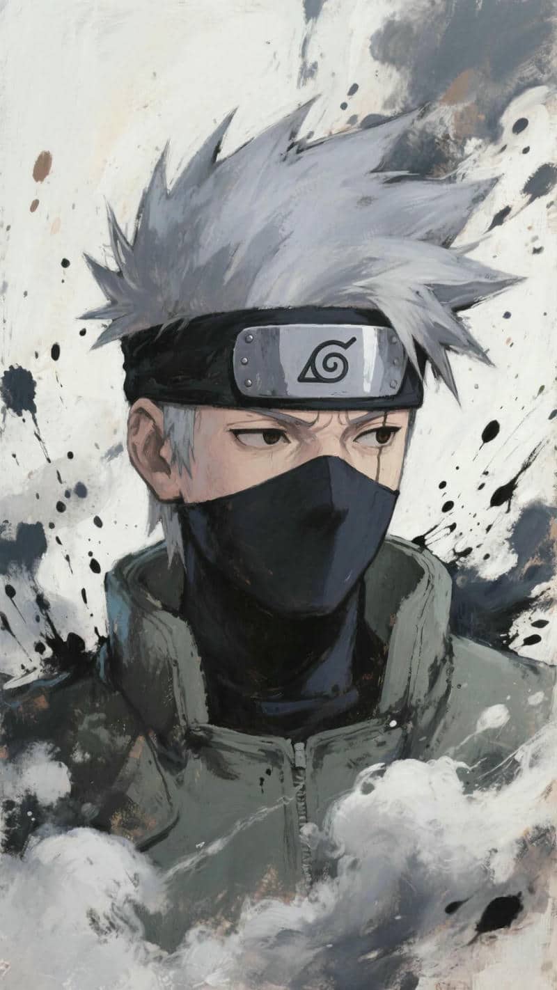 Hình nền anime ninja bí ẩn, tóc trắng, nền màu loang, độ phân giải 1365x768, chất lượng HD, phong cách nghệ thuật độc đáo.