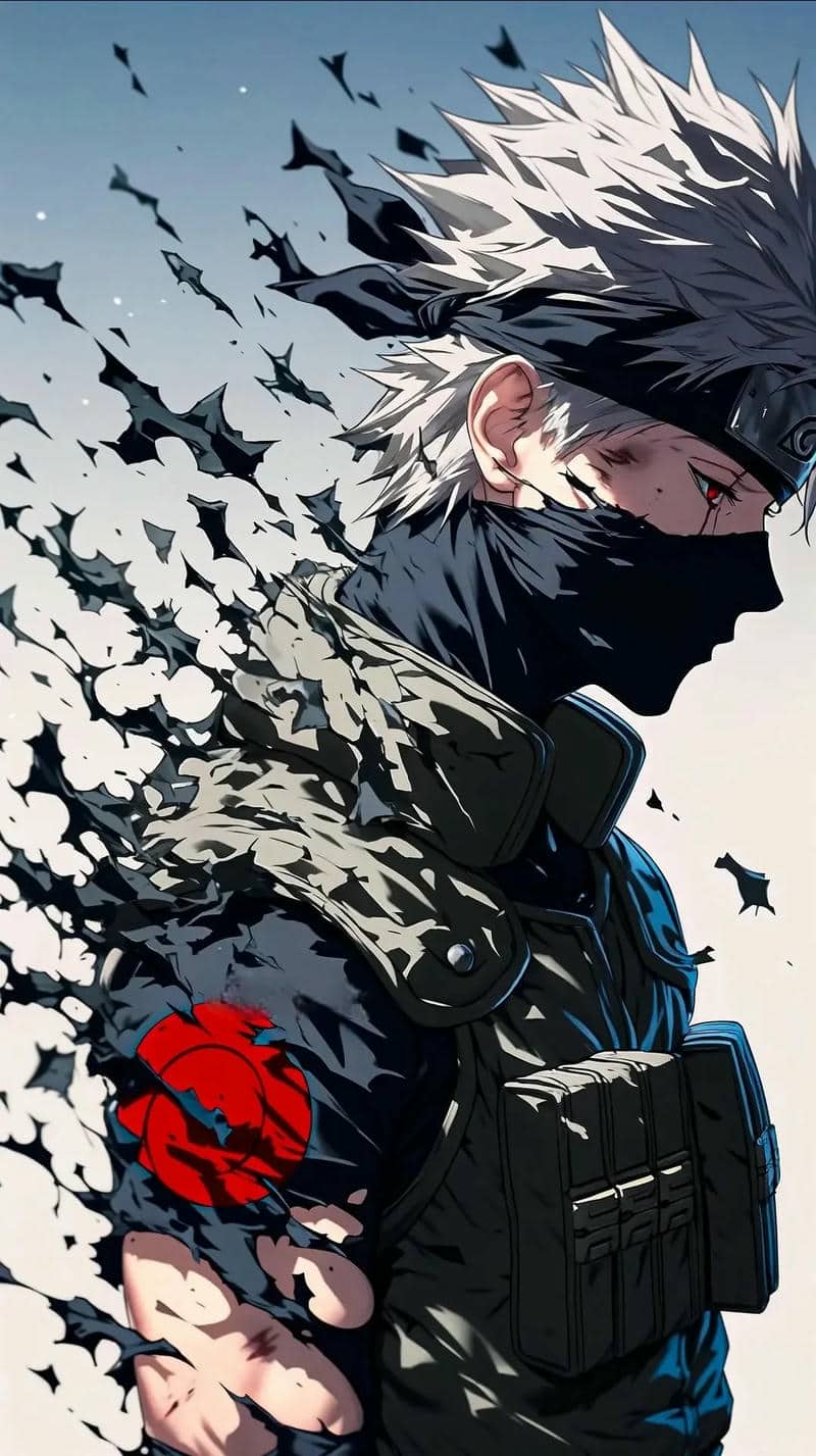 Hình nền anime nhân vật ninja mạnh mẽ, hiệu ứng phân rã ấn tượng, độ phân giải 1080x1920, chất lượng HD.