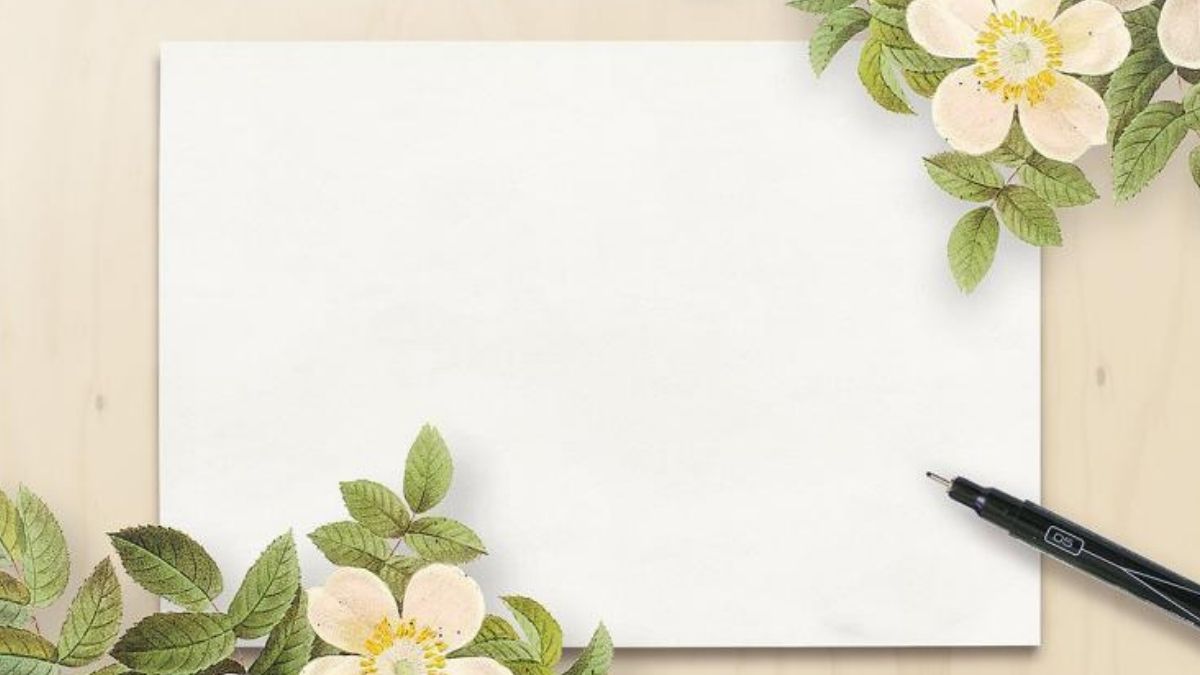 Nền trắng với hoa lá trang trí góc, bút mực đen, độ phân giải 1080x1920, ảnh HD cho thiết kế sáng tạo.