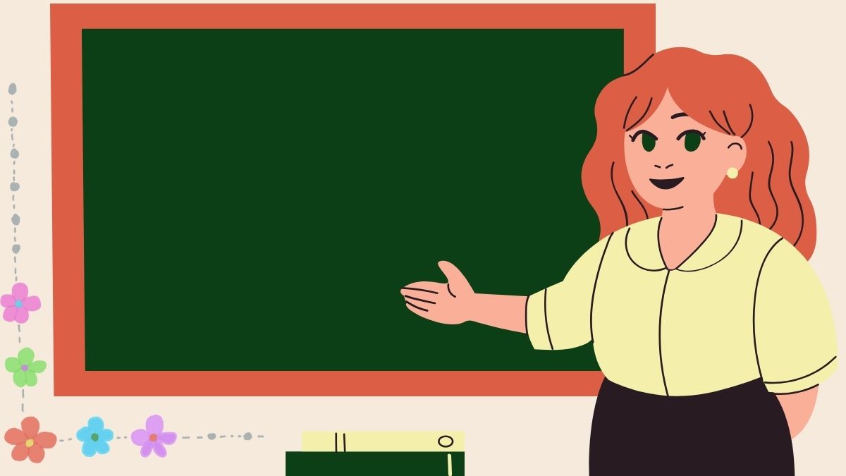 powerpoint-8-3-83 Giáo viên hoạt hình đứng trước bảng xanh, nền hoa, độ phân giải 1080x1920, chất lượng HD, chủ đề giáo dục.