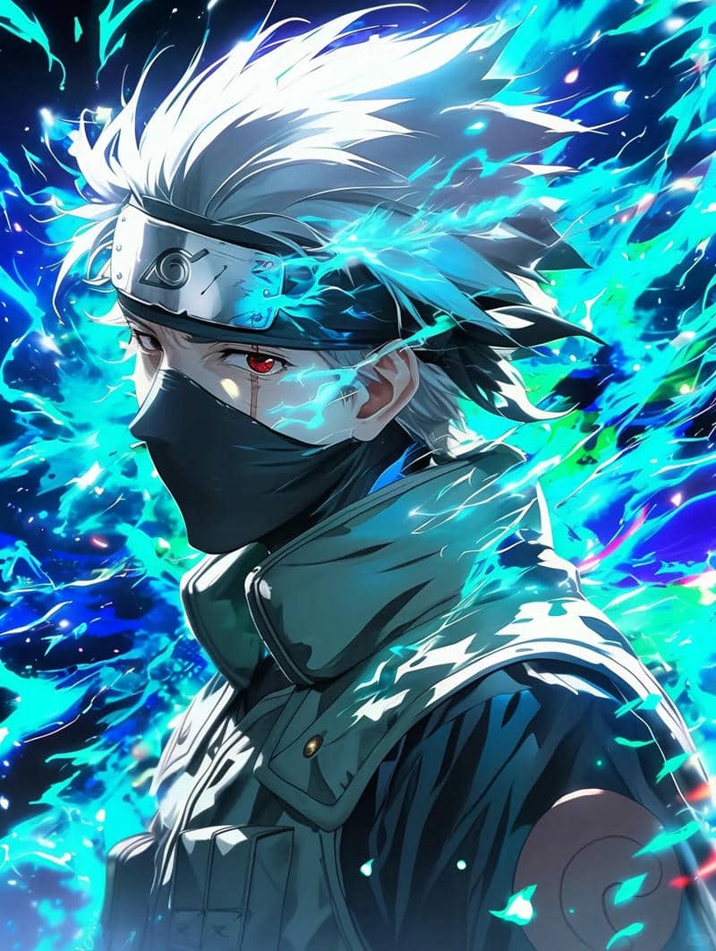 Anime ninja với năng lượng xanh bùng nổ, hình nền HD 1080x1920, tạo cảm giác mạnh mẽ và huyền bí.