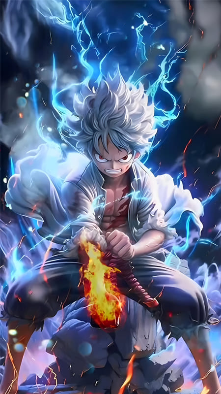 Nhân vật anime mạnh mẽ, tóc trắng, ánh sáng xanh, trong nền sét, 1080x1920, hình nền HD hấp dẫn.