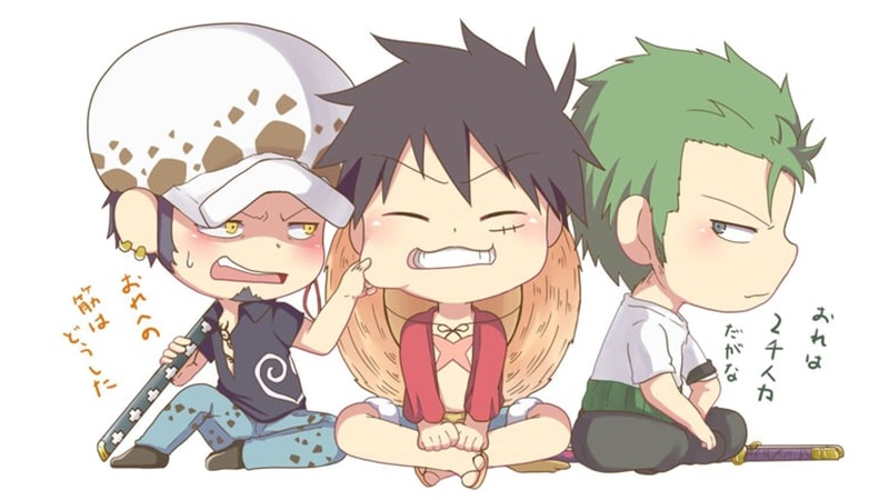 Chibi anime dễ thương, ba nhân vật ngồi cạnh nhau, hình nền 1080x1920 HD, phong cách hoạt hình sống động.