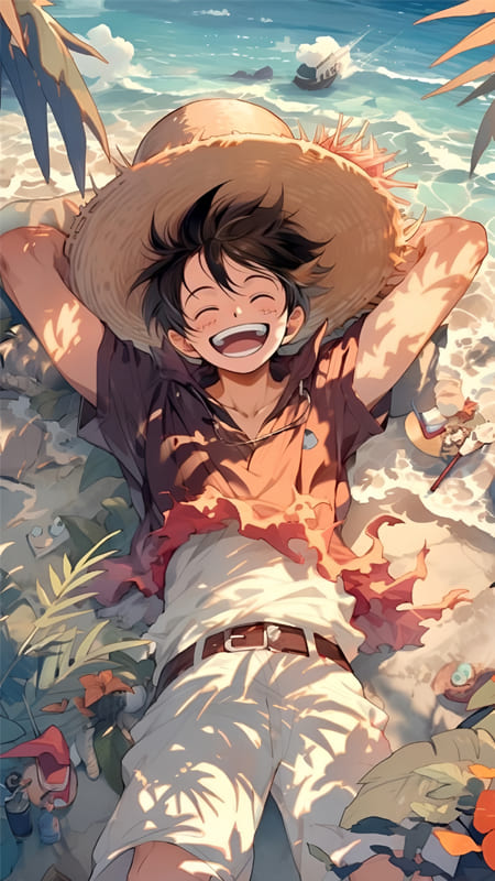 Nhân vật anime đội mũ rơm thư giãn trên bãi biển, phong cảnh đầy màu sắc, ảnh nền HD 1080x1920.