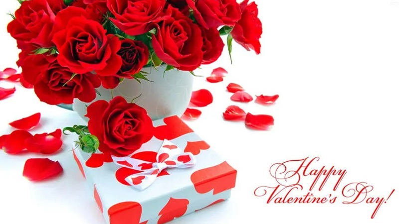 Bó hoa hồng đỏ tươi và hộp quà Valentine trên nền trắng, ảnh HD 1080x1920, tạo không khí lãng mạn ngày lễ tình nhân.