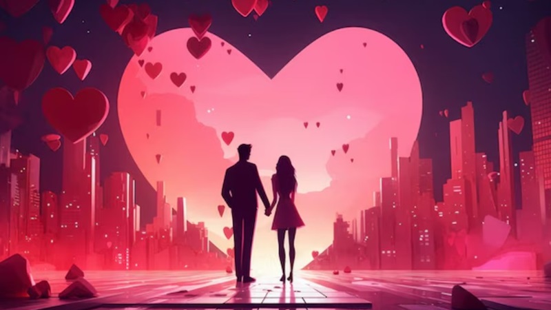 Cặp đôi nắm tay trước thành phố lãng mạn, trái tim lớn, hoàng hôn đỏ rực, hình nền 1080x1920 HD.