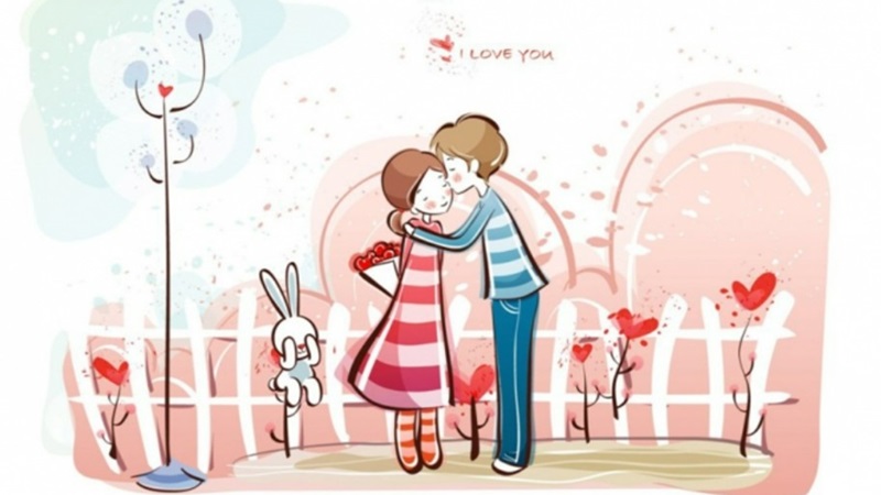 Hình nền tình yêu hoạt hình dễ thương, cặp đôi ôm nhau bên hàng rào, độ phân giải 450x800, chất lượng HD.