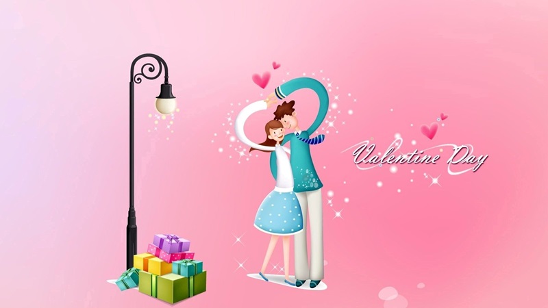 Cặp đôi ôm nhau ngày Valentine, nền hồng lãng mạn, đèn đường, hộp quà, độ phân giải 1080x1920 HD.