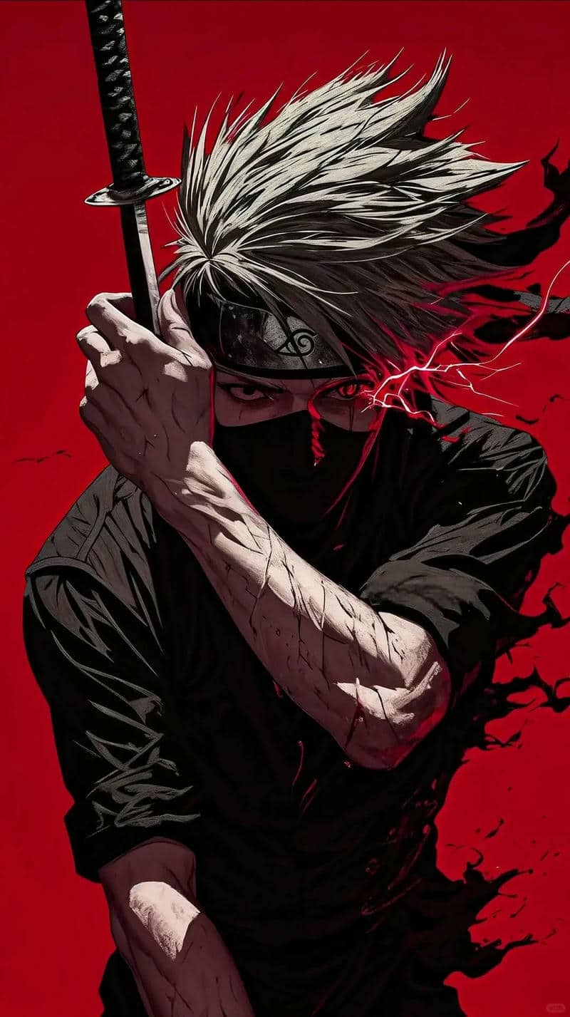 Ninja mạnh mẽ cầm kiếm trên nền đỏ, hình nền HD 1369x768, phong cách anime, tạo cảm giác mạnh mẽ và bí ẩn.