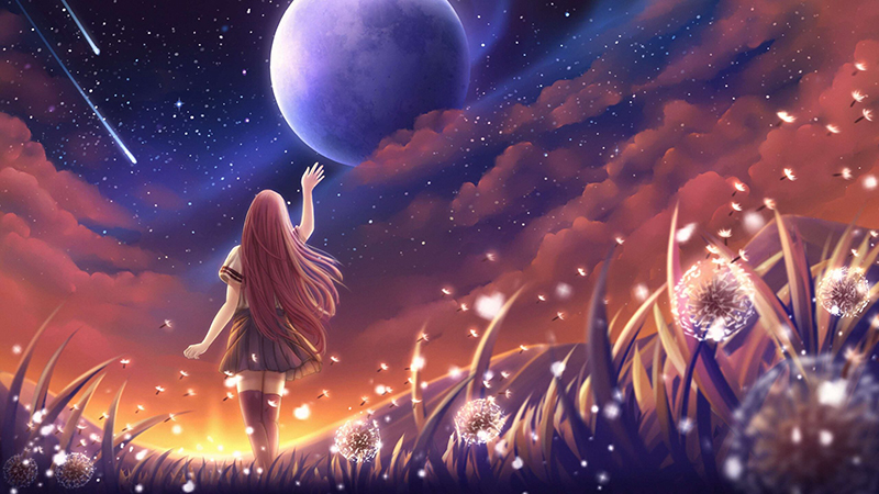 Hình nền anime cô gái ngắm trăng, cánh đồng hoa bồ công anh, chất lượng HD, độ phân giải 1080x1920, phong cảnh huyền ảo.