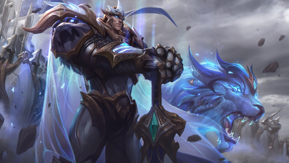 Chiến binh huyền thoại đứng trước linh thú xanh, hình nền game 4K, 1080x1920, chất lượng HD, đầy sức mạnh và thần thoại.
