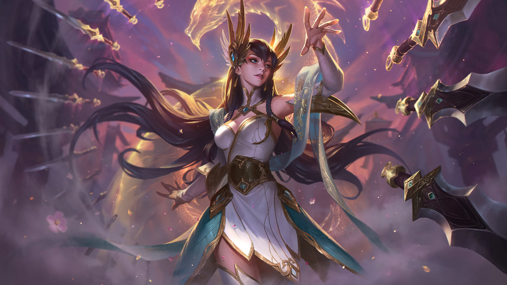 Female warrior in mystical armor, surrounded by floating swords, in a 4K fantasy background, resolution 1080x1920.
