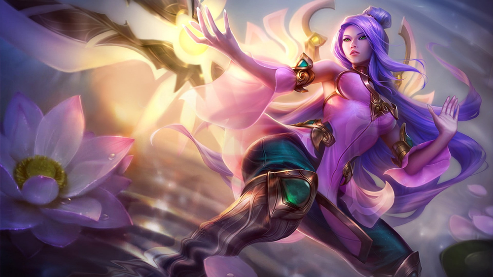 Ảnh nền game 4K chất lượng cao, nhân vật nữ huyền bí, đồ họa sắc nét, hoa sen nổi bật, kích thước 1080x1920.