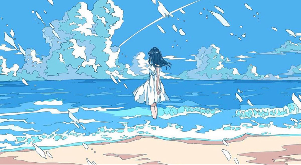 Hình nền anime biển xanh, cô gái đứng trước sóng vỗ, độ phân giải 1080x1920, chất lượng HD, phong cảnh yên bình.