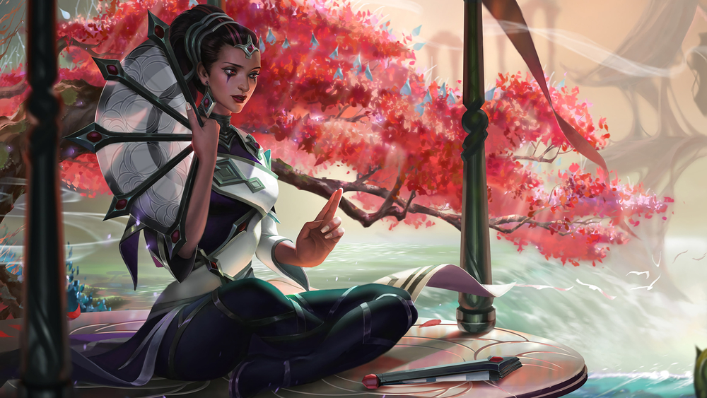 Hình nền nghệ thuật nhân vật ngồi thiền dưới cây hoa anh đào, độ phân giải 1080x1920, chất lượng HD.