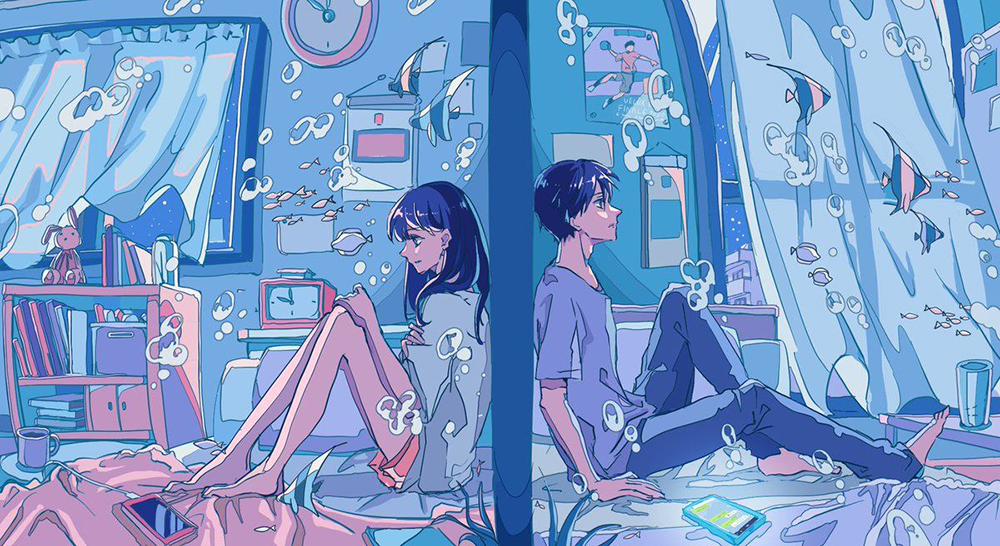 Căn phòng anime dưới biển, sắc xanh huyền ảo, kích thước 1080x1920, chất lượng HD, tạo cảm giác mơ màng.
