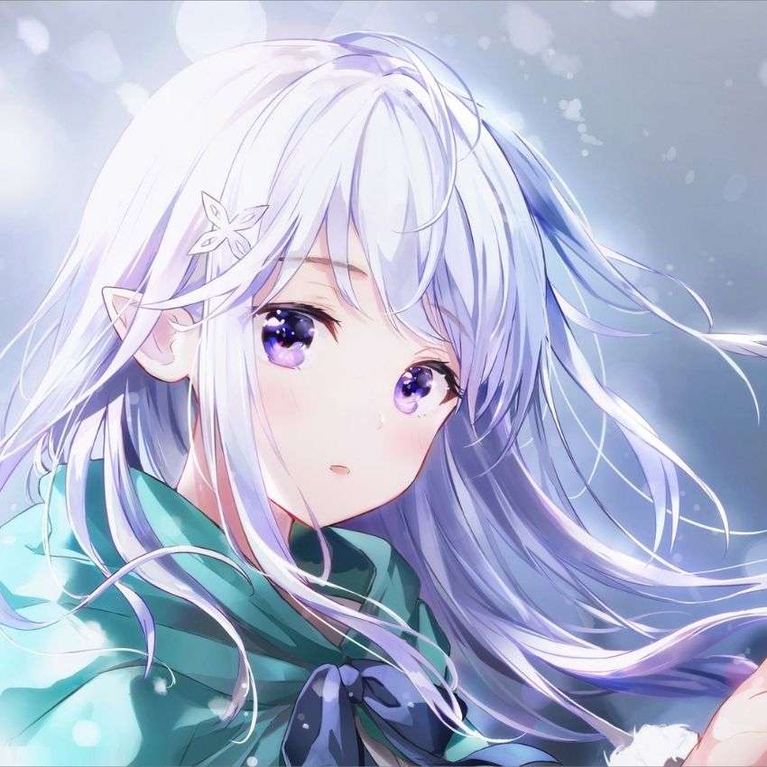Anime cô gái tóc trắng với ánh nhìn mơ màng, nền xanh tươi sáng, ảnh HD 1080x1920, hình nền nghệ thuật cuốn hút.