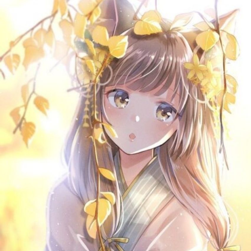 Hình nền anime cô gái tai mèo với lá vàng, ánh sáng ấm áp, độ phân giải 1080x1920, chất lượng HD.
